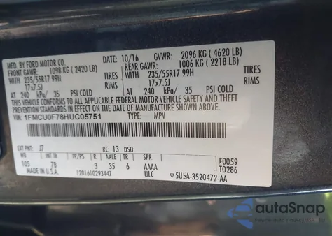 2017 Ford Escape S z USA, uszkodzony, nr VIN 1FMCU0F78HUC05751